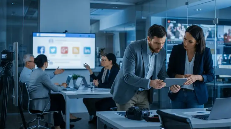 Professionnel en open space travaillant sur plusieurs écrans, ambiance cinématique bleu-nuit, contexte marketing vidéo B2B