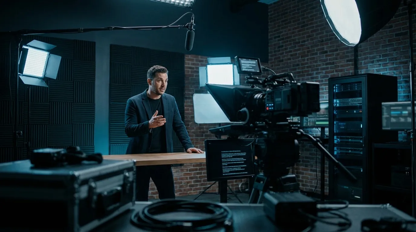 Studio de tournage de vidéos de vente : un présentateur face caméra avec prompteur et éclairage soigné.