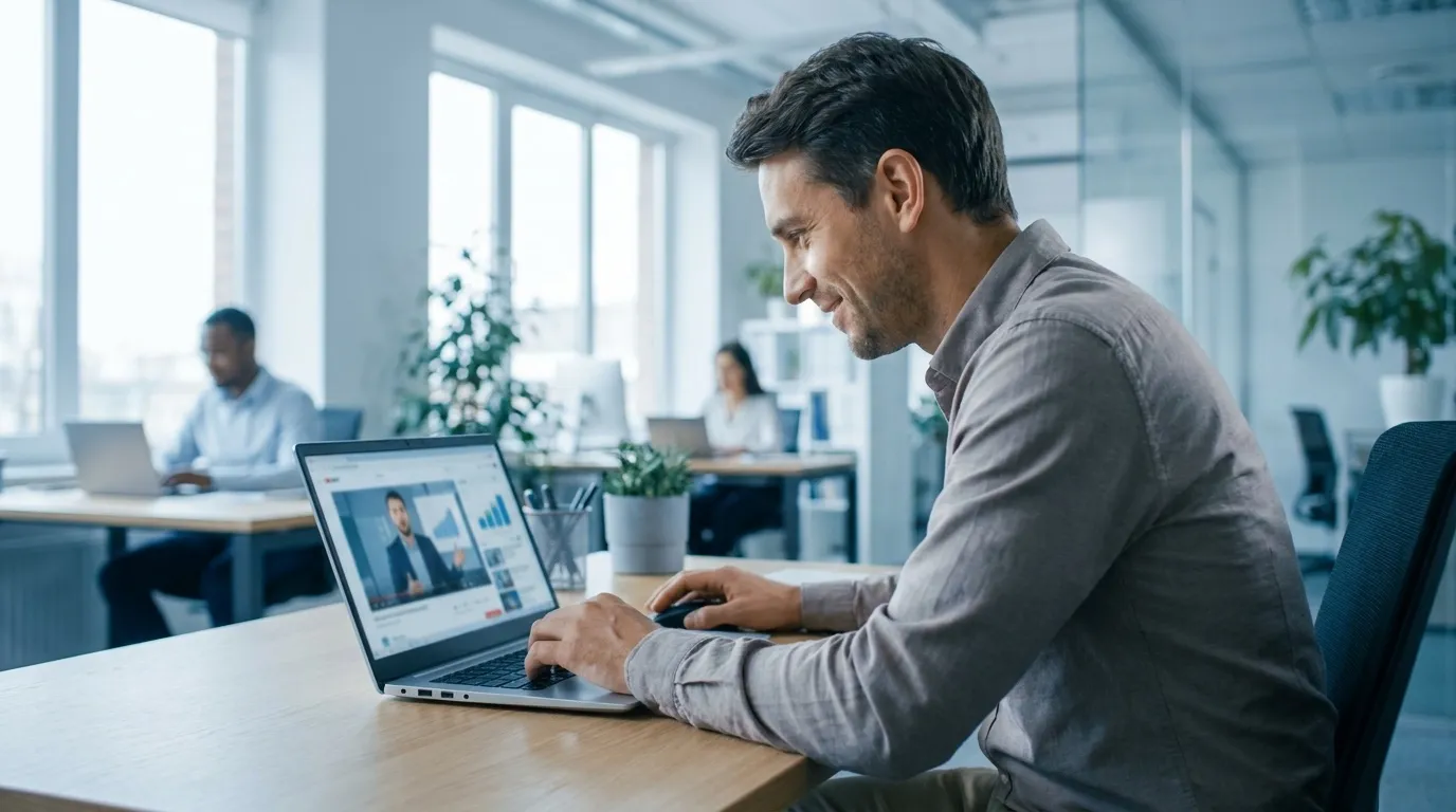 Un prospect regarde une vidéo de présentation commerciale sur son ordinateur portable, en bureau lumineux.