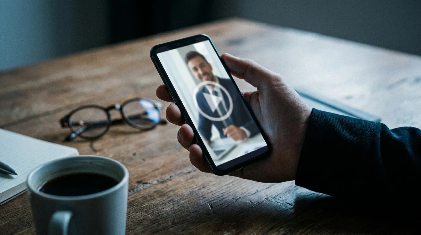 Une main tient un smartphone diffusant une vidéo de message commercial avec un bouton de lecture.