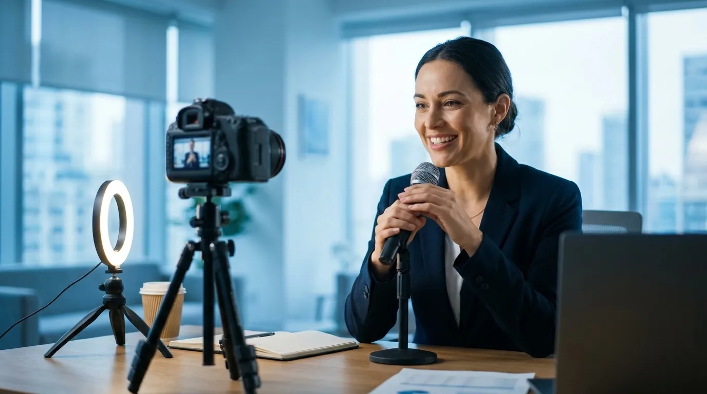 Une commerciale enregistre une vidéo de prospection personnalisée avec une caméra et un anneau lumineux.