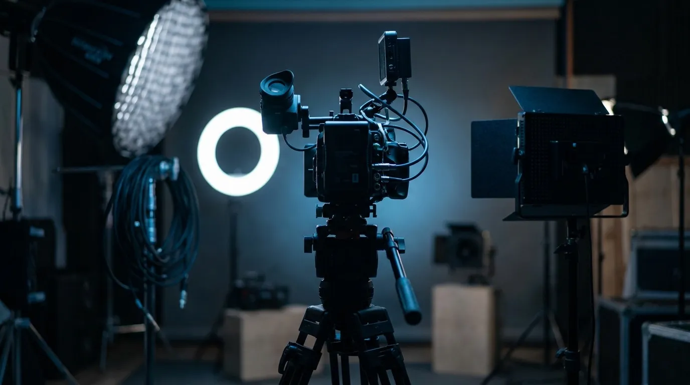 Plateau de tournage dédié au format vertical : caméra cinéma et smartphone montés à la verticale, ring light et panneaux LED.