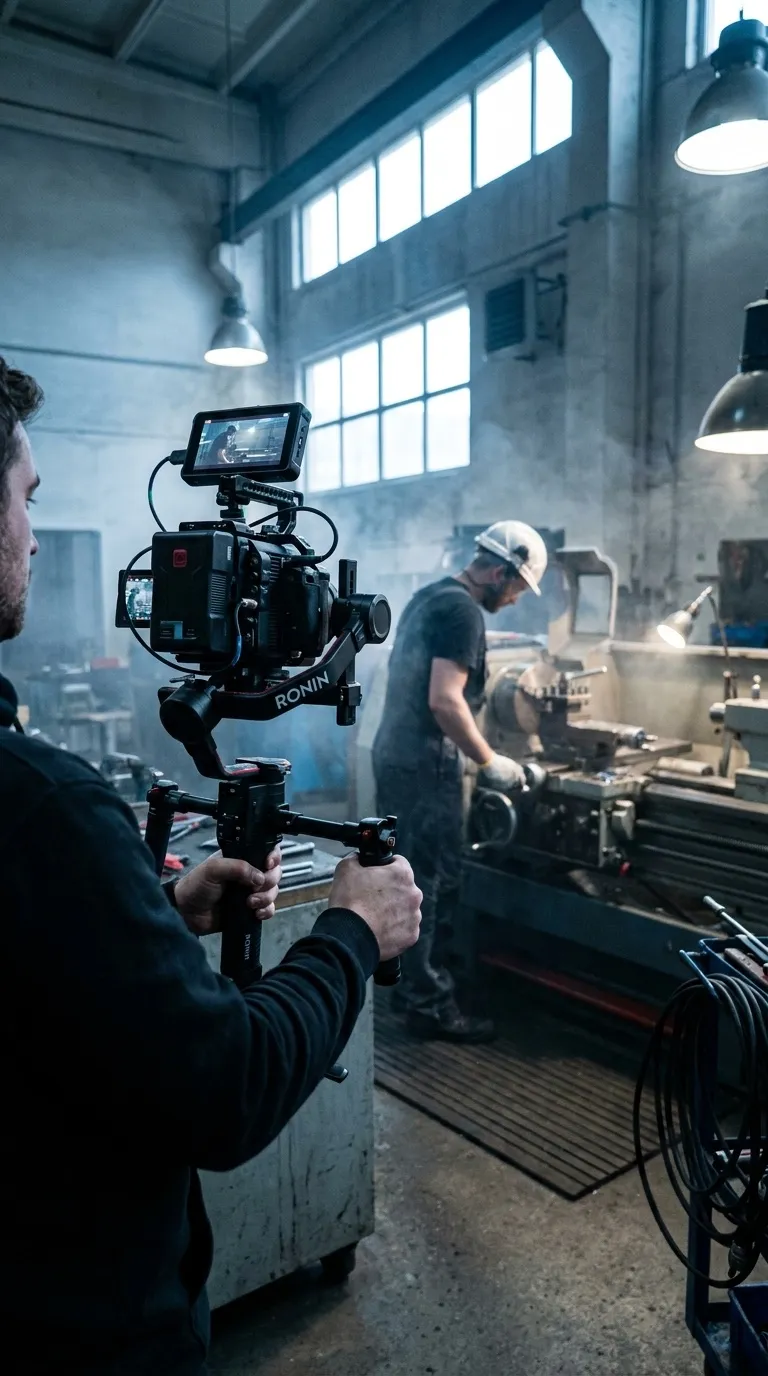 Un opérateur filme à la verticale avec une caméra cinéma montée sur stabilisateur DJI Ronin, dans un atelier industriel.