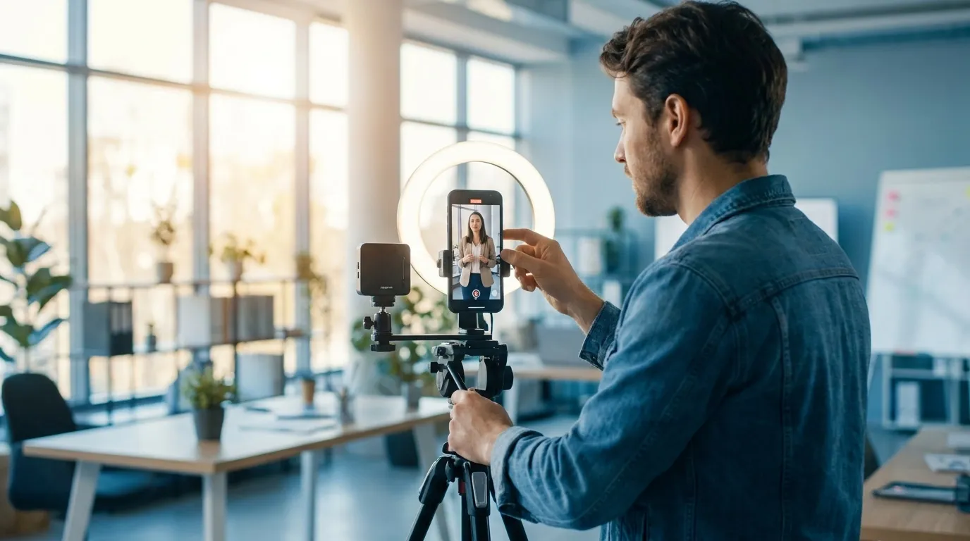 Un opérateur filme une vidéo verticale au smartphone sur trépied avec un anneau lumineux, dans un bureau lumineux.