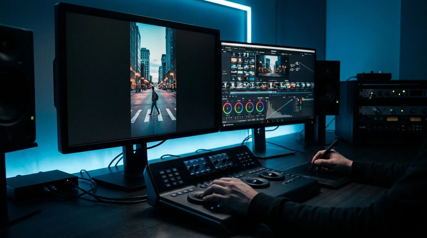 Suite d’étalonnage : une vidéo verticale est étalonnée sur un moniteur calibré, panneau de colorimétrie au premier plan.