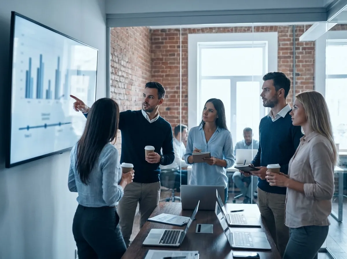 Une équipe marketing B2B passe en revue la performance de ses vidéos verticales sur un écran, en réunion.