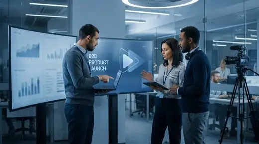 Équipe marketing B2B devant des écrans de présentation vidéo dans un open space moderne, ambiance cinématographique bleue