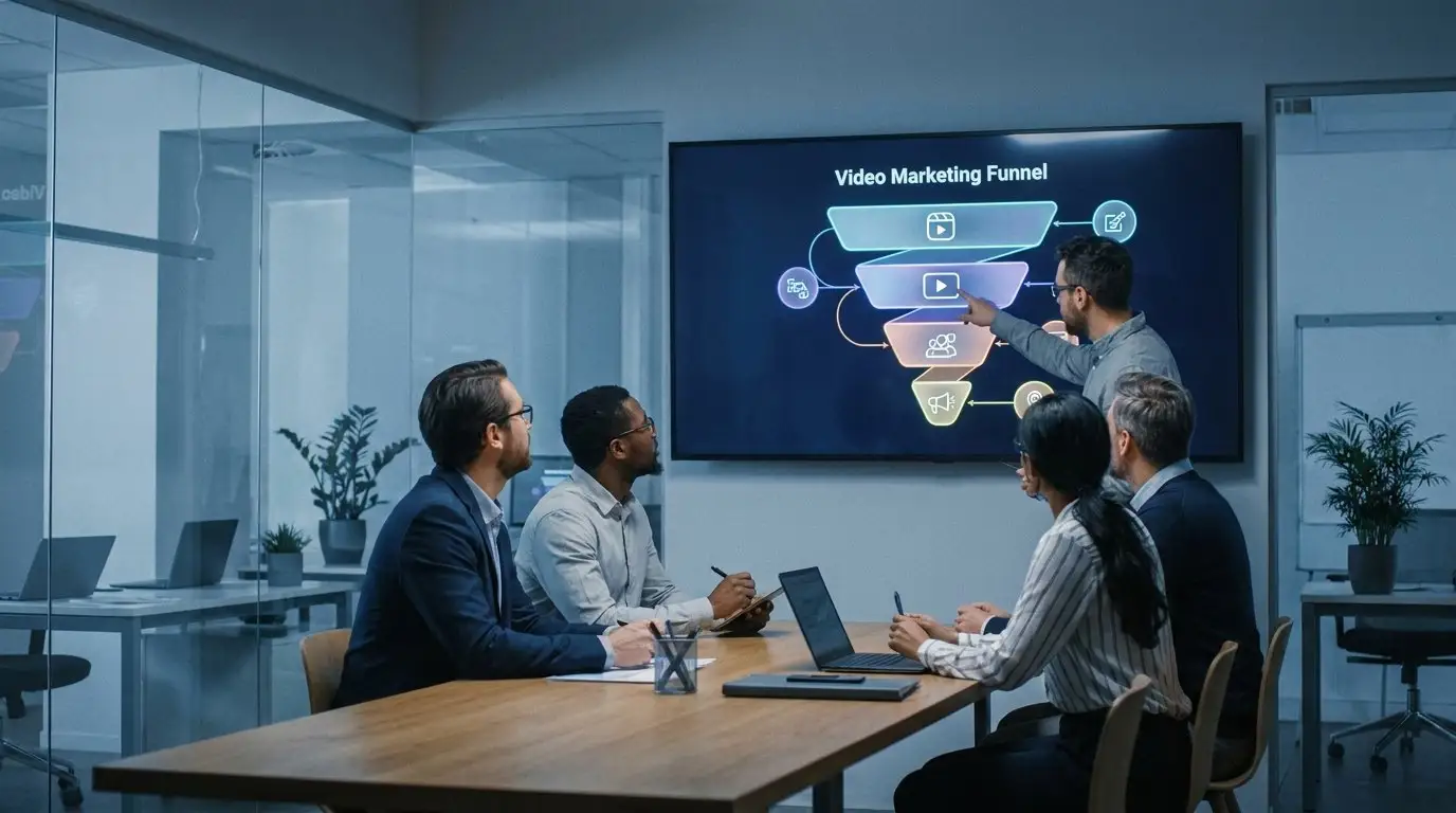Équipe B2B qui analyse des vidéos sur grand écran dans un bureau moderne, lumière froide cinématographique