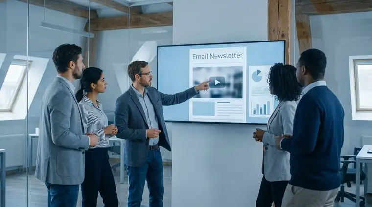 Équipe en open space devant un grand écran affichant une newsletter avec vignette vidéo, ambiance cinématique bleue