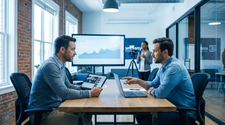 Commercial en bureau moderne devant un écran LinkedIn, ambiance cinématique bleue froide