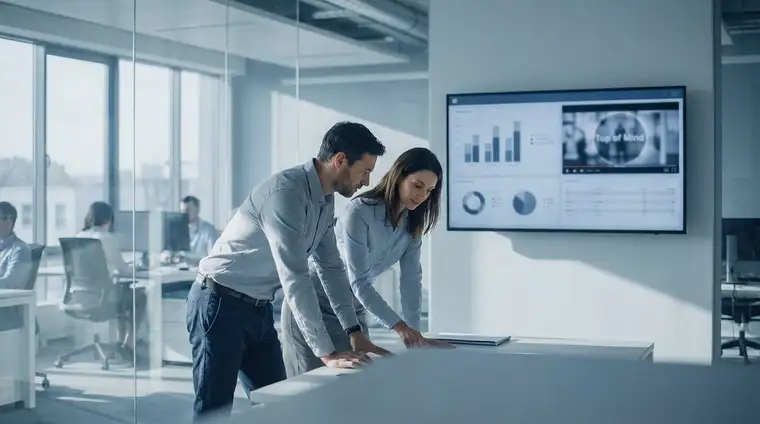 Deux professionnels B2B en discussion devant un grand écran affichant une présentation vidéo, lumière naturelle, ambiance bureau moderne