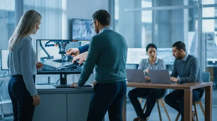 Professionnel en réunion devant un grand écran affichant une interface e-commerce, lumière bleue cinématique, bureau moderne
