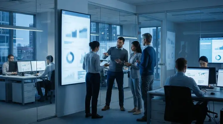Scène de bureau moderne avec écrans affichant des vidéos verticales, ambiance cinématique bleue froide