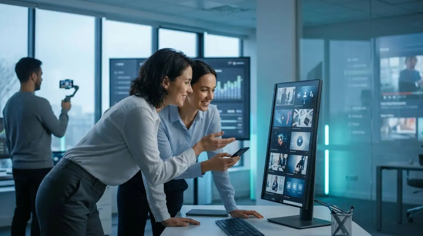 Professionnel en bureau moderne devant des écrans affichant des analytics vidéo, teinte cinématique bleue